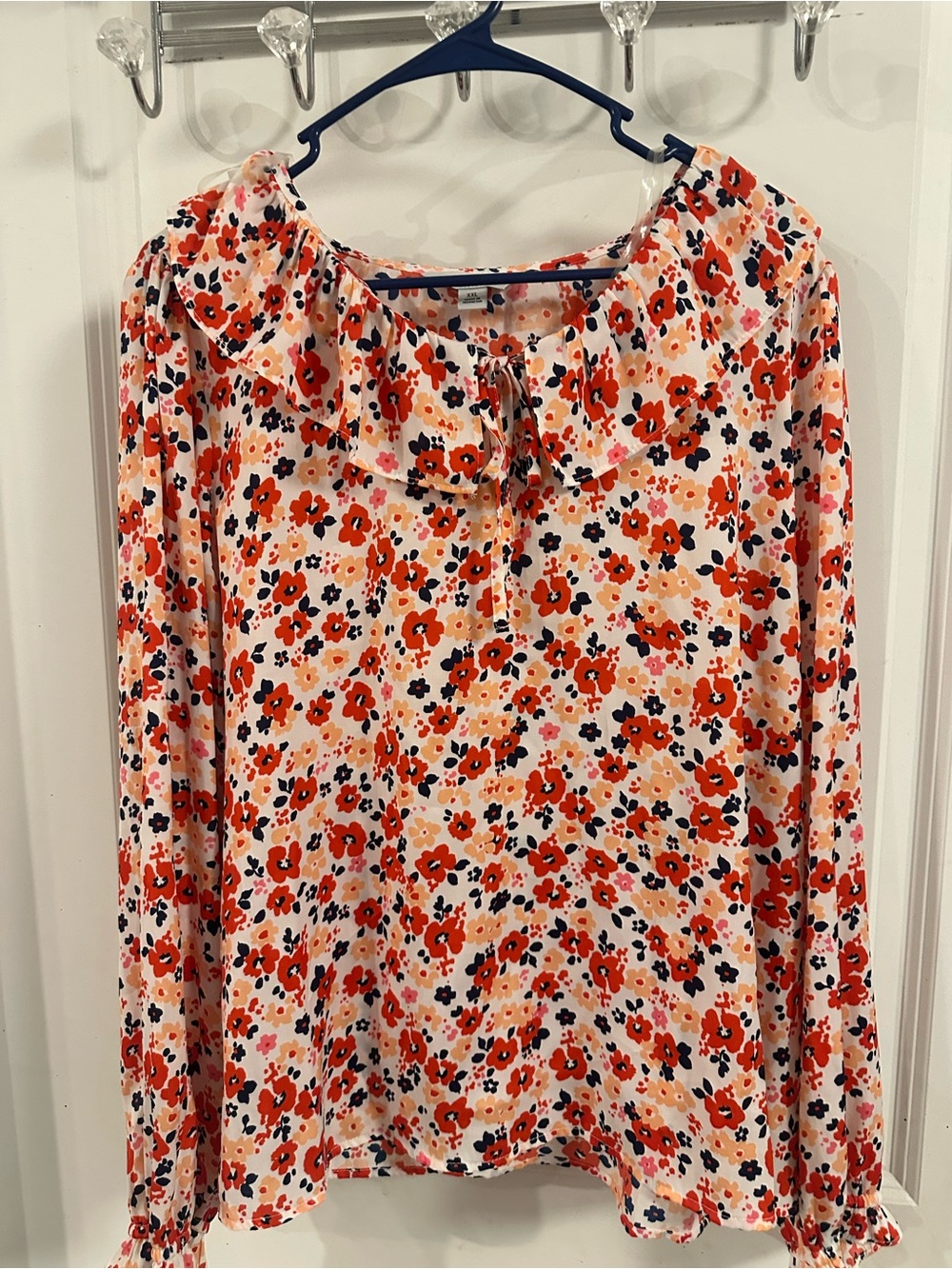 croft & barrow Cream Floral Tie-Neck Blouse with Orange and Black Accents